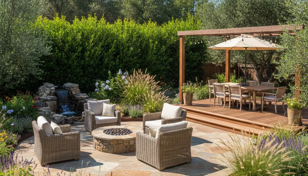 Backyard patio landscaping with lighting and outdoor seating by Chop Chop Landscaping in Chico, CA