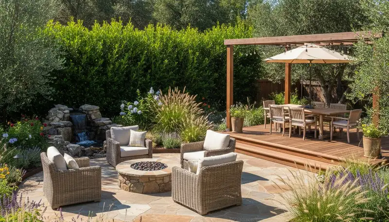 Backyard patio landscaping with lighting and outdoor seating by Chop Chop Landscaping in Chico, CA