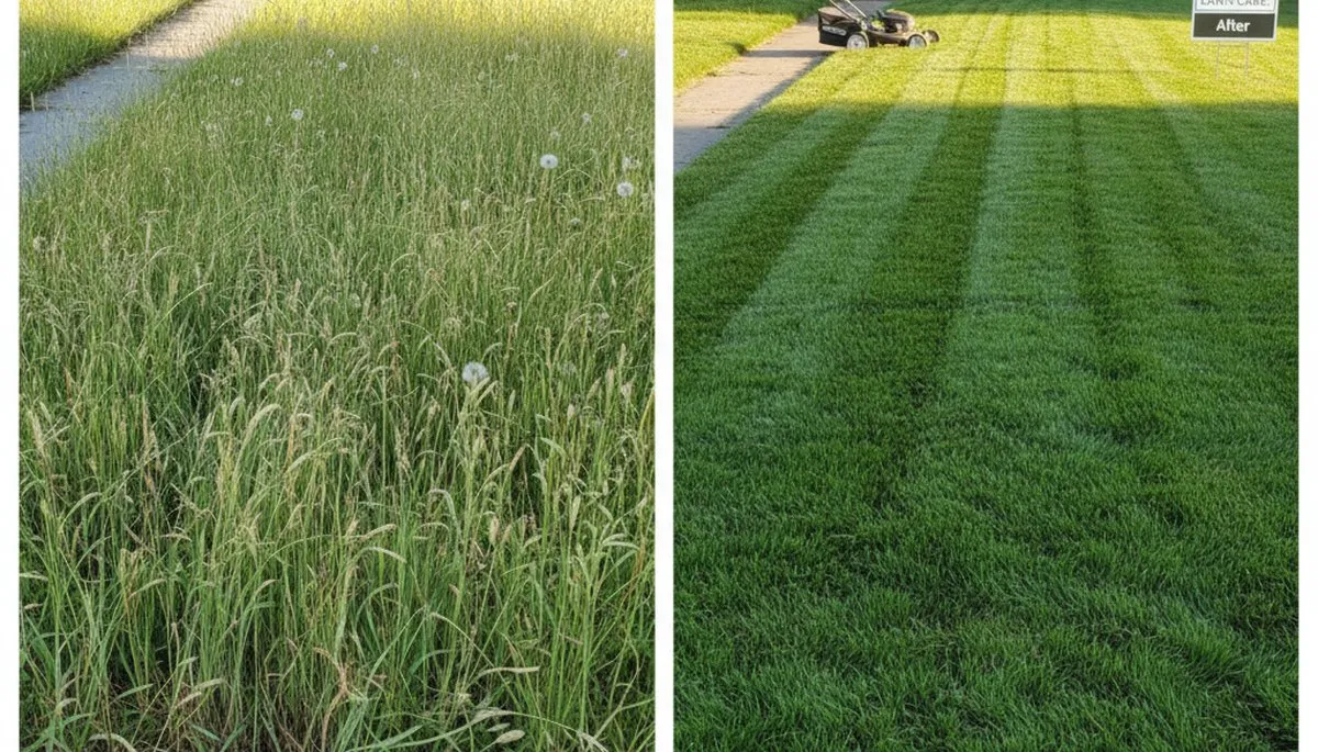 Before and after lawn mowing showing dramatic yard transformation by Chop Chop Landscaping in Chico, CA
