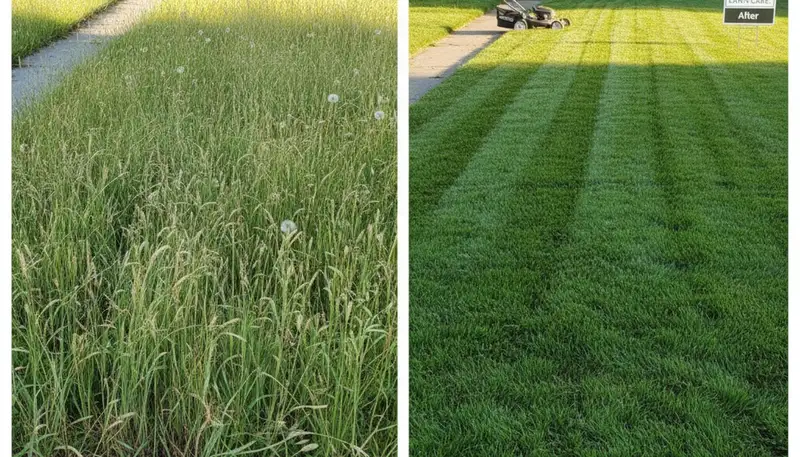 Before and after lawn mowing showing dramatic yard transformation by Chop Chop Landscaping in Chico, CA