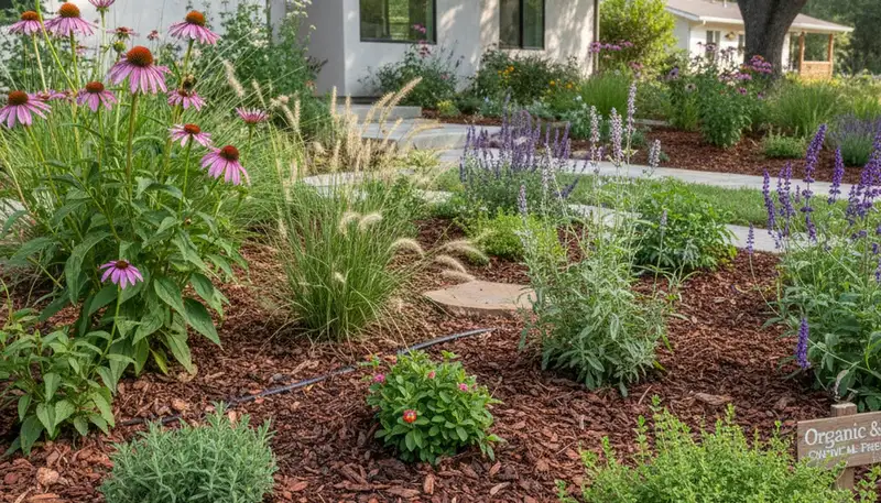 Organic landscape beds with natural mulch and native plants in Chico, CA by Chop Chop Landscaping