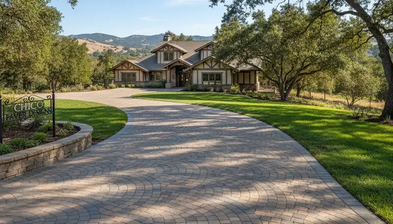 Curved paver driveway design by professional landscapers in Chico, CA showcasing custom craftsmanship.