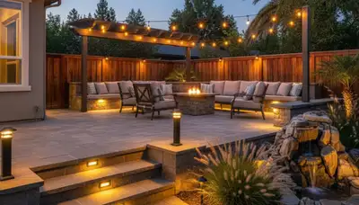 Evening deck and patio lighting installation by Chop Chop Landscaping in Chico, CA for safe outdoor living