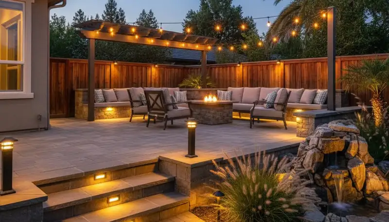 Evening deck and patio lighting installation by Chop Chop Landscaping in Chico, CA for safe outdoor living