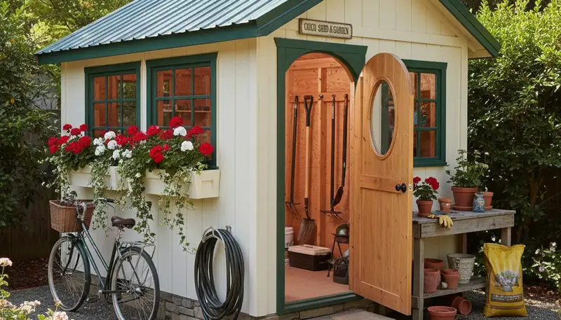 Decorative garden shed with custom landscaping and pathway in Chico, CA by Chop Chop Landscaping
