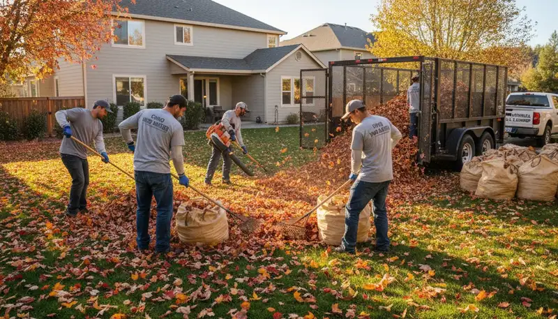 Professional landscapers performing fall leaf removal in a Chico, CA residential yard cleanup