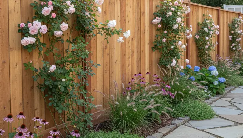 Fence with integrated landscape design and climbing plants in Chico, CA by Chop Chop Landscaping