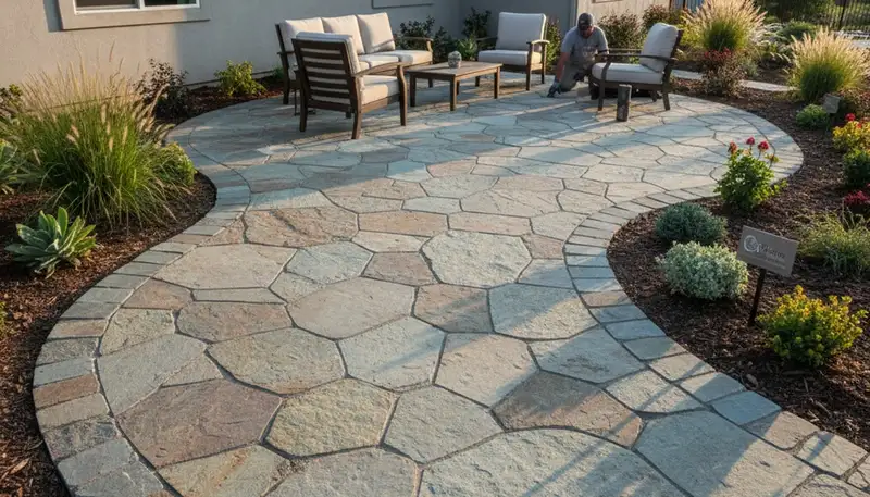 Flagstone patio installation with natural stone pavers by Chop Chop Landscaping in Chico, CA