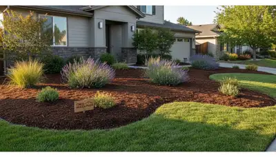 Freshly spread mulch beds with clean edges by Chop Chop Landscaping in Chico, CA
