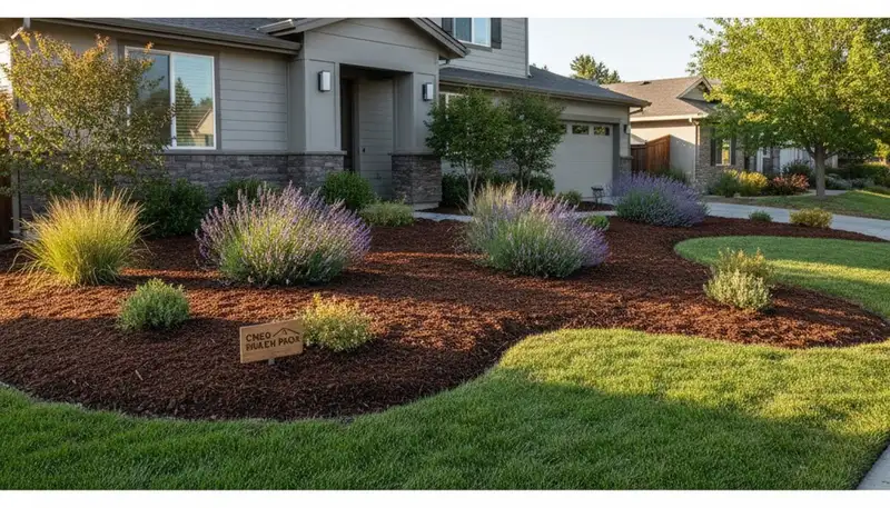 Freshly spread mulch beds with clean edges by Chop Chop Landscaping in Chico, CA