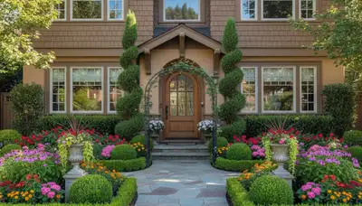 Front yard landscape design with colorful shrubs and blooms in Chico, CA by Chop Chop Landscaping