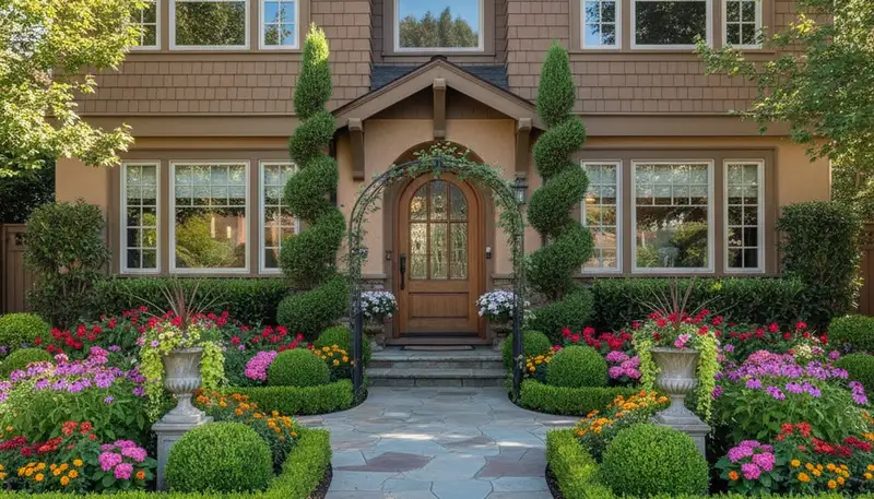 Front yard landscape design with colorful shrubs and blooms in Chico, CA by Chop Chop Landscaping