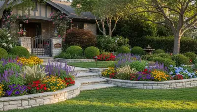 Residential landscape transformation with lawn, flower beds, and stonework by Chop Chop Landscaping in Chico, CA
