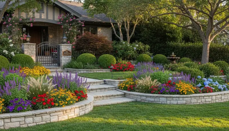 Residential landscape transformation with lawn, flower beds, and stonework by Chop Chop Landscaping in Chico, CA