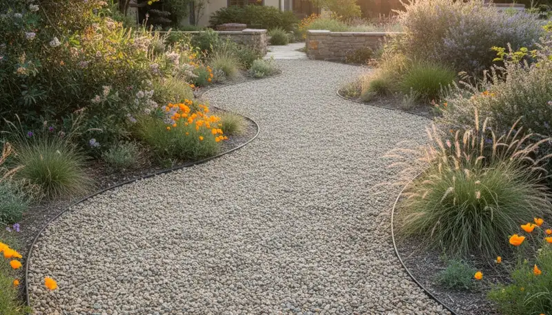 Pea gravel garden pathway in Chico, CA showcasing clean, low‑maintenance landscaping by Chop Chop Landscaping