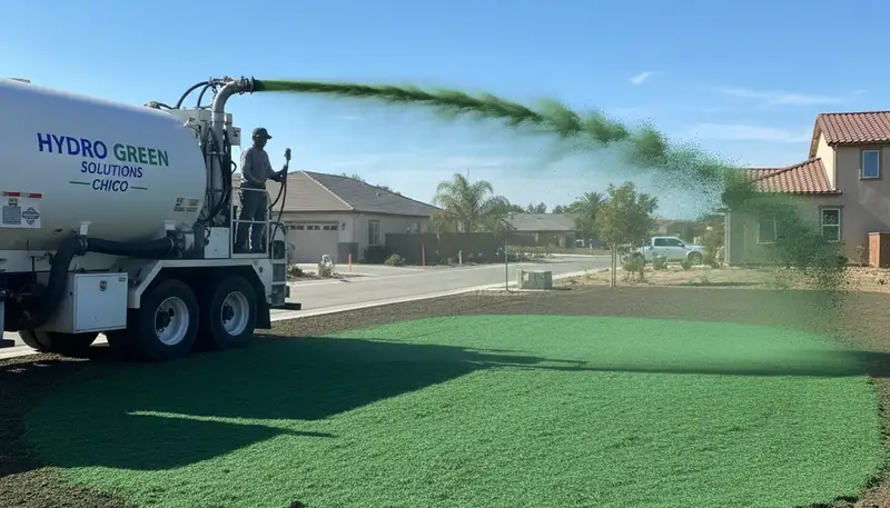Hydroseeder truck spraying green slurry on lawn during hydroseeding service in Chico, CA