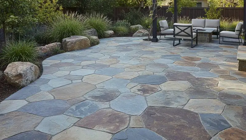 Contemporary large stone slab patio installation by professional landscapers in Chico, CA