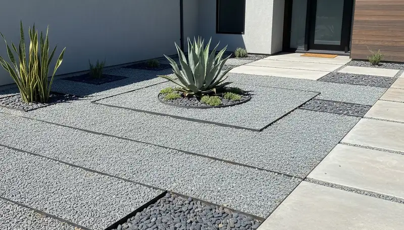 Modern minimalist gravel landscape design with geometric lines in Chico, CA by Chop Chop Landscaping