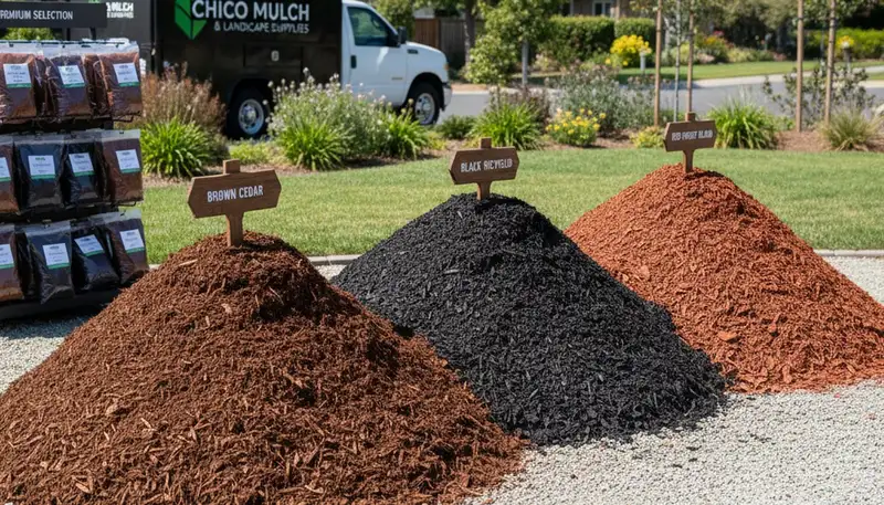 Brown, black, and red mulch options displayed for Chico, CA landscaping by Chop Chop Landscaping