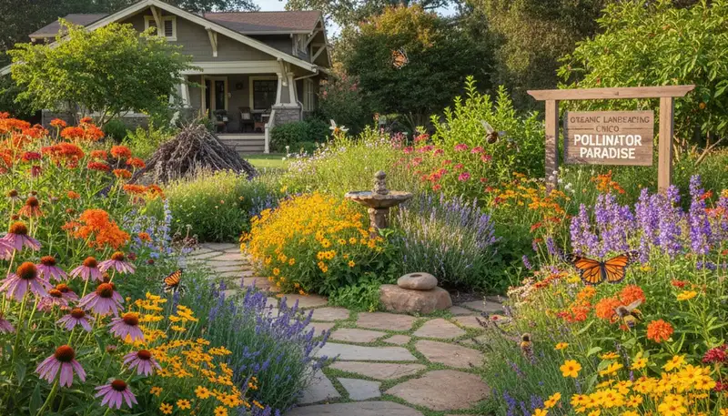 Vibrant native pollinator garden with bee-friendly flowers by organic landscapers in Chico, CA