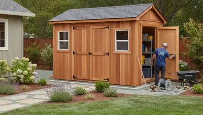 New backyard shed installation in Chico, CA showcasing expert landscaping and custom storage design