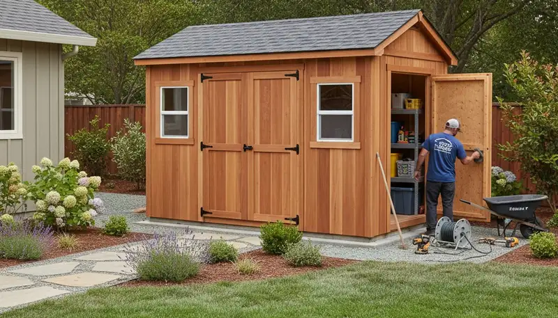 New backyard shed installation in Chico, CA showcasing expert landscaping and custom storage design