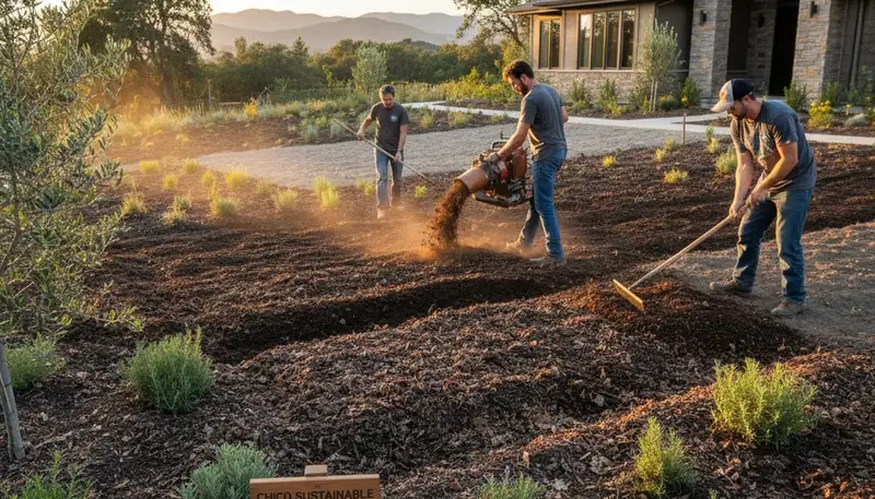 Applying organic compost to landscape beds for soil health in Chico, CA by Chop Chop Landscaping