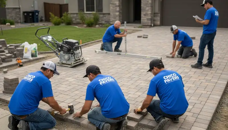 Technicians installing driveway pavers in Chico, CA with precise base prep and alignment craftsmanship