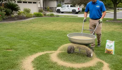 Professional landscaper applying fertilizer with spreader on residential lawn in Chico, CA
