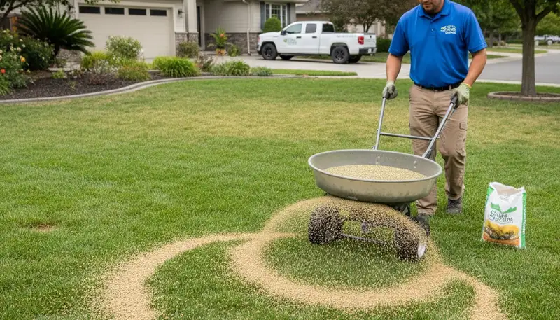 Professional landscaper applying fertilizer with spreader on residential lawn in Chico, CA