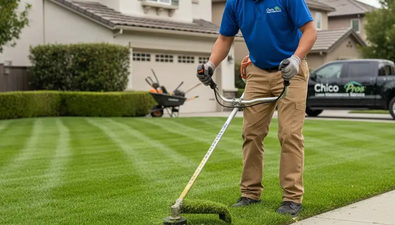 Technician edging lawn with string trimmer for precise lawn maintenance in Chico, CA landscaping service