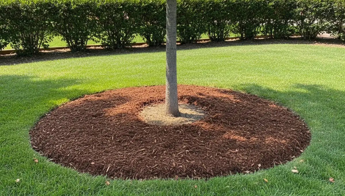 Professional circular mulch ring around healthy tree base in Chico, CA landscape by Chop Chop Landscaping
