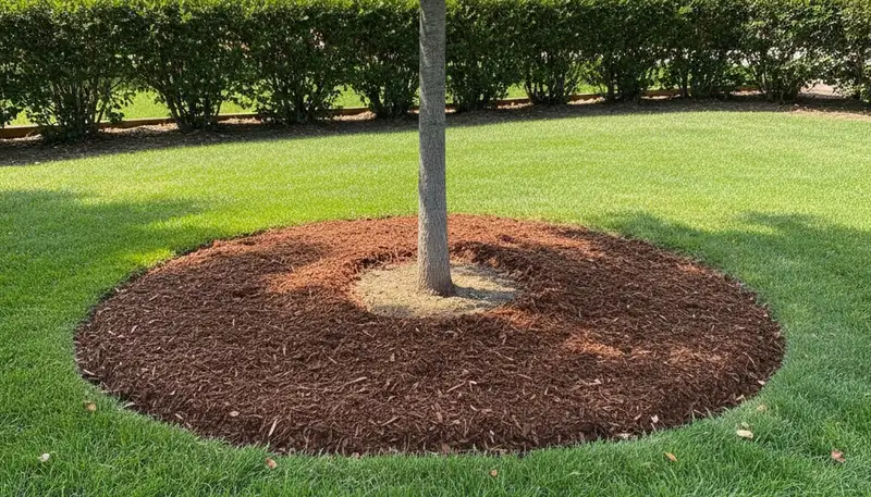Professional circular mulch ring around healthy tree base in Chico, CA landscape by Chop Chop Landscaping