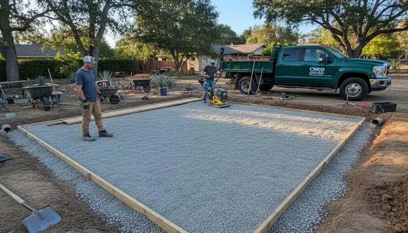 Professional shed foundation base preparation with gravel pad and drainage in Chico, CA landscaping