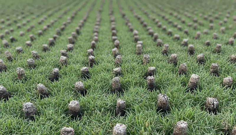 Close-up of soil core plugs from lawn aeration service in Chico, CA by Chop Chop Landscaping