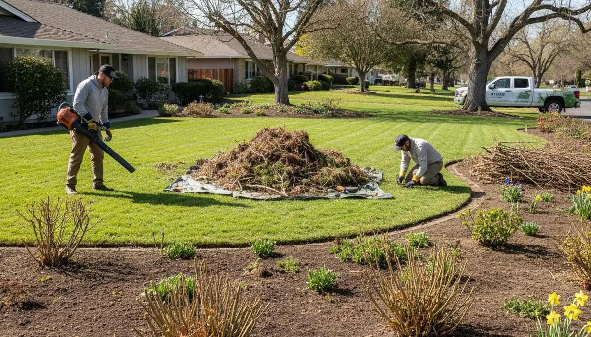 Spring yard clean up in Chico, CA with landscapers clearing debris and pruning gardens for new growth