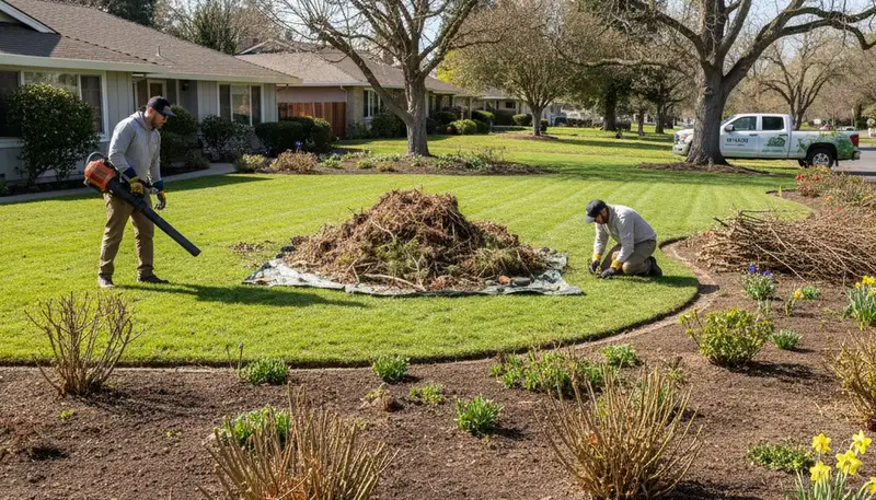Spring yard clean up in Chico, CA with landscapers clearing debris and pruning gardens for new growth