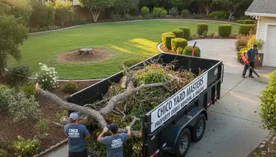 Professional storm debris and branch removal by landscaping crew in Chico, CA residential yard