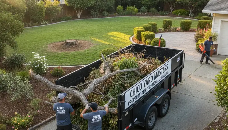 Professional storm debris and branch removal by landscaping crew in Chico, CA residential yard