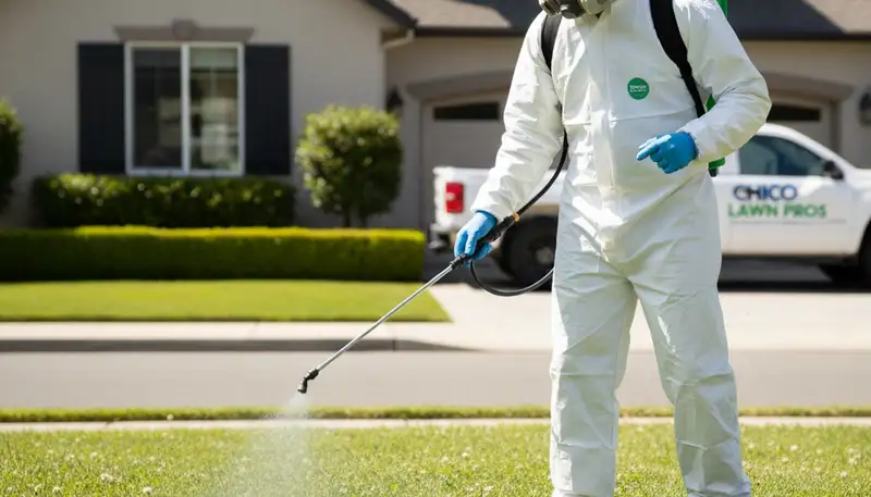 Lawn care technician spraying targeted weed control treatment in Chico, CA yard