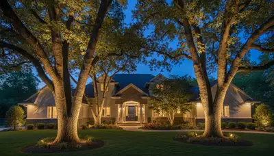 Mature trees with professional uplighting design at night by Chop Chop Landscaping in Chico, CA