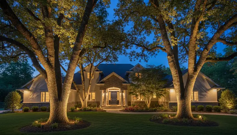 Mature trees with professional uplighting design at night by Chop Chop Landscaping in Chico, CA