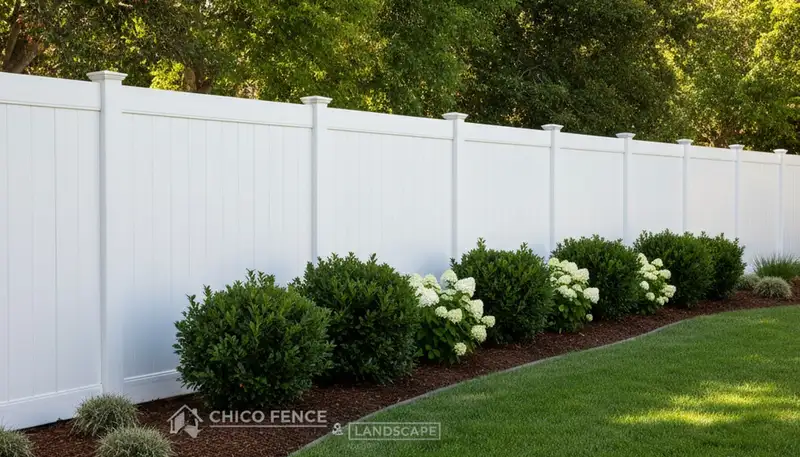 White privacy fence installation with clean finish and landscaping by Chop Chop Landscaping in Chico, CA